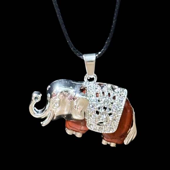 Unbranded Jewelry - Red Jasper Traveling Elephant Pendant Black Cord Necklace